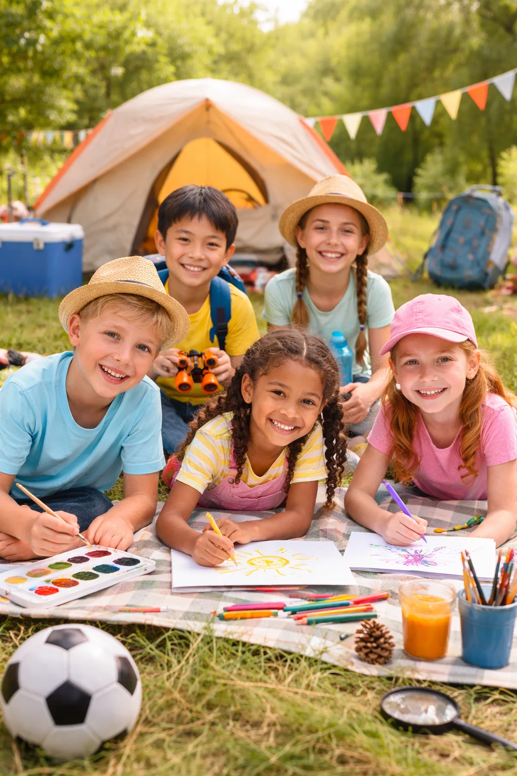 Děti na příměstském táboře malují a tvoří na louce